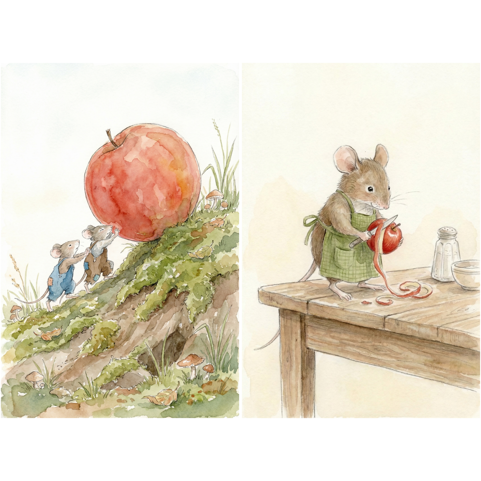 Watercolor Red Apple Mouse Wall Art Set of 2 - Tiny Harvest Days