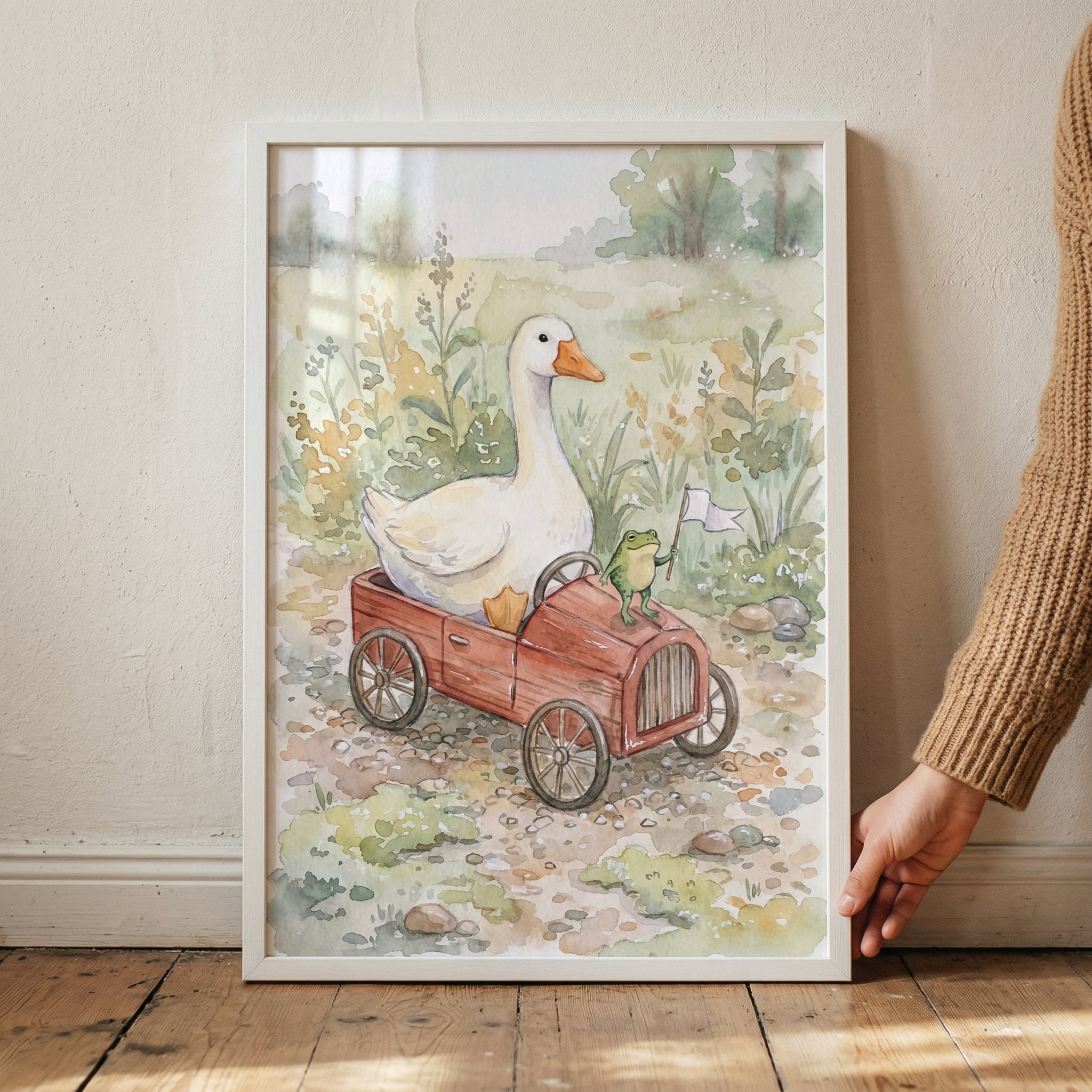 Watercolor Red Car Goose Wall Art - Woodland Road Trip
