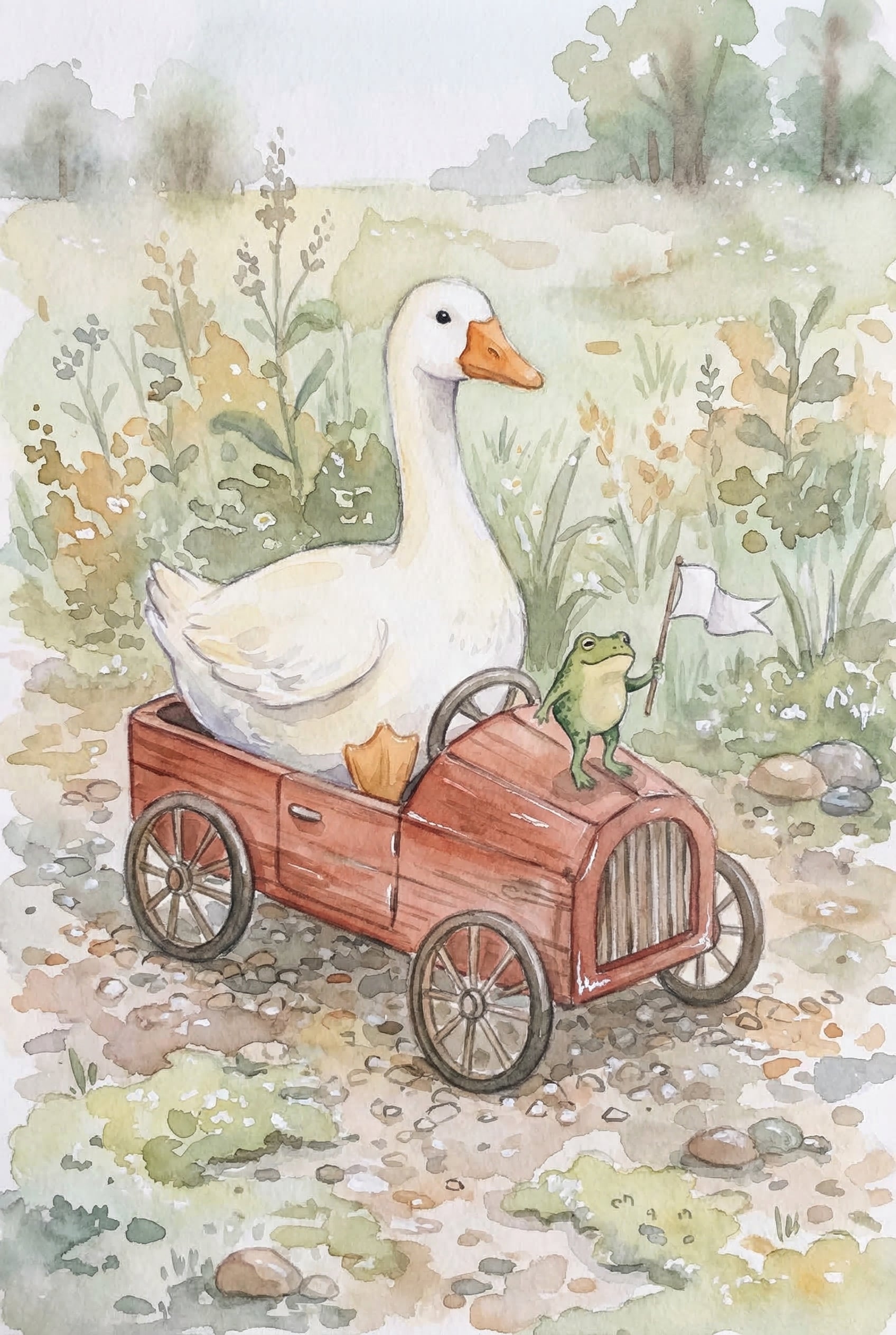 Watercolor Red Car Goose Wall Art - Woodland Road Trip