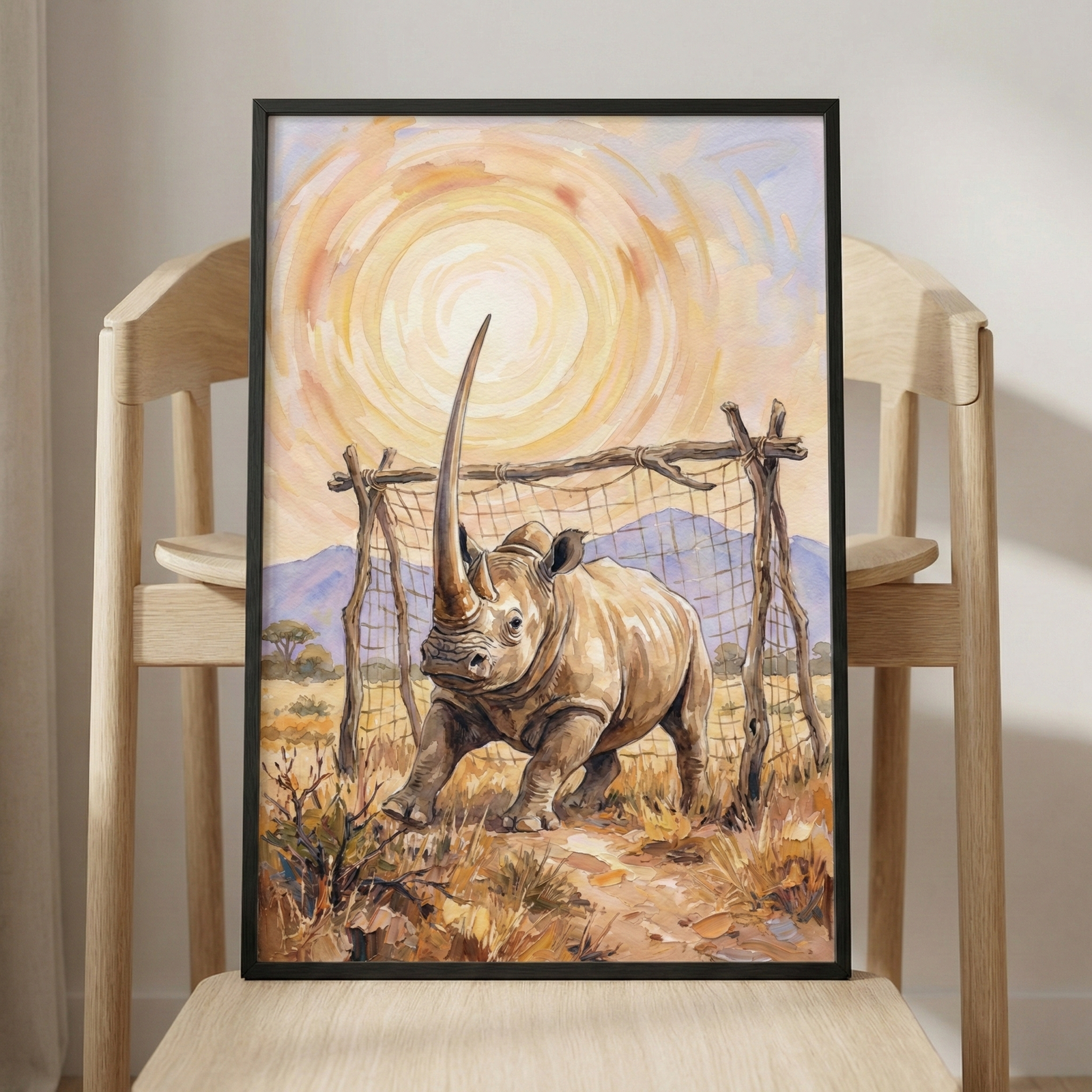 A framed painting of a rhino standing in front of a rustic fence is displayed on a wooden chair. The artwork features a vibrant sun with swirling colors in the sky, mountains in the background, and dry grass in the foreground.