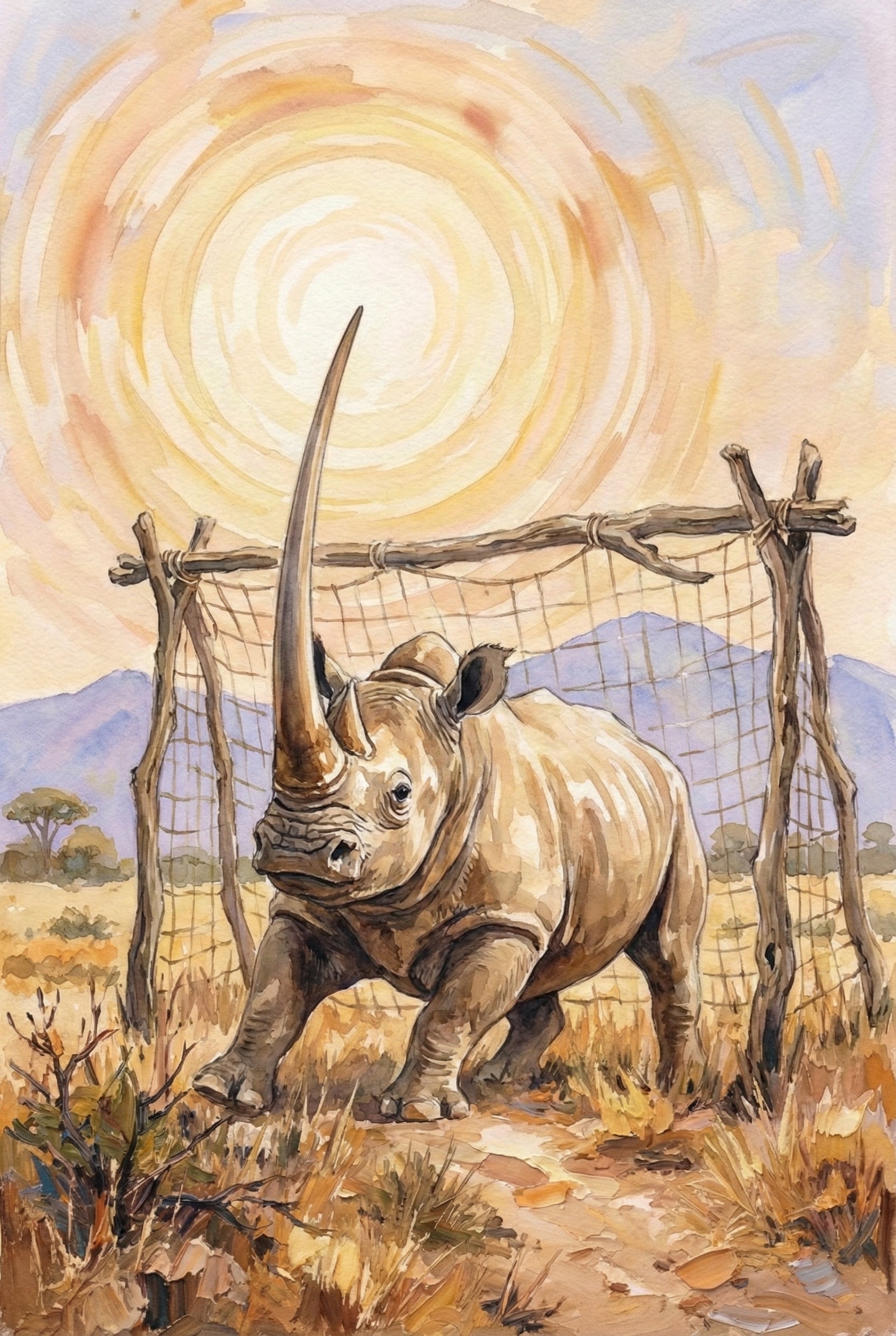 Watercolor Rhino Print - Sunlit Rhino Spirit