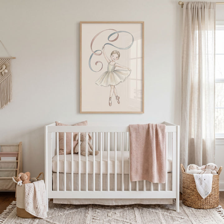 Watercolor ribbon ballerina wall art hangs above a white wooden crib in a neutral nursery with plush toys and baskets.
