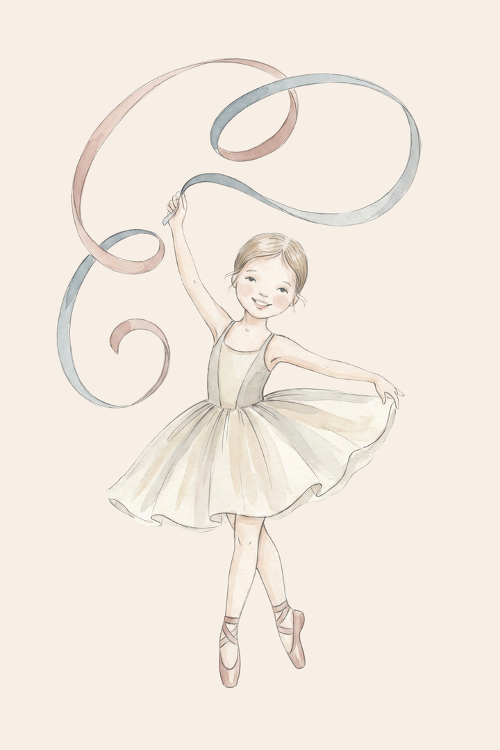 Watercolor ribbon ballerina wall art featuring a young girl in a tutu twirling a long pink and blue ribbon.