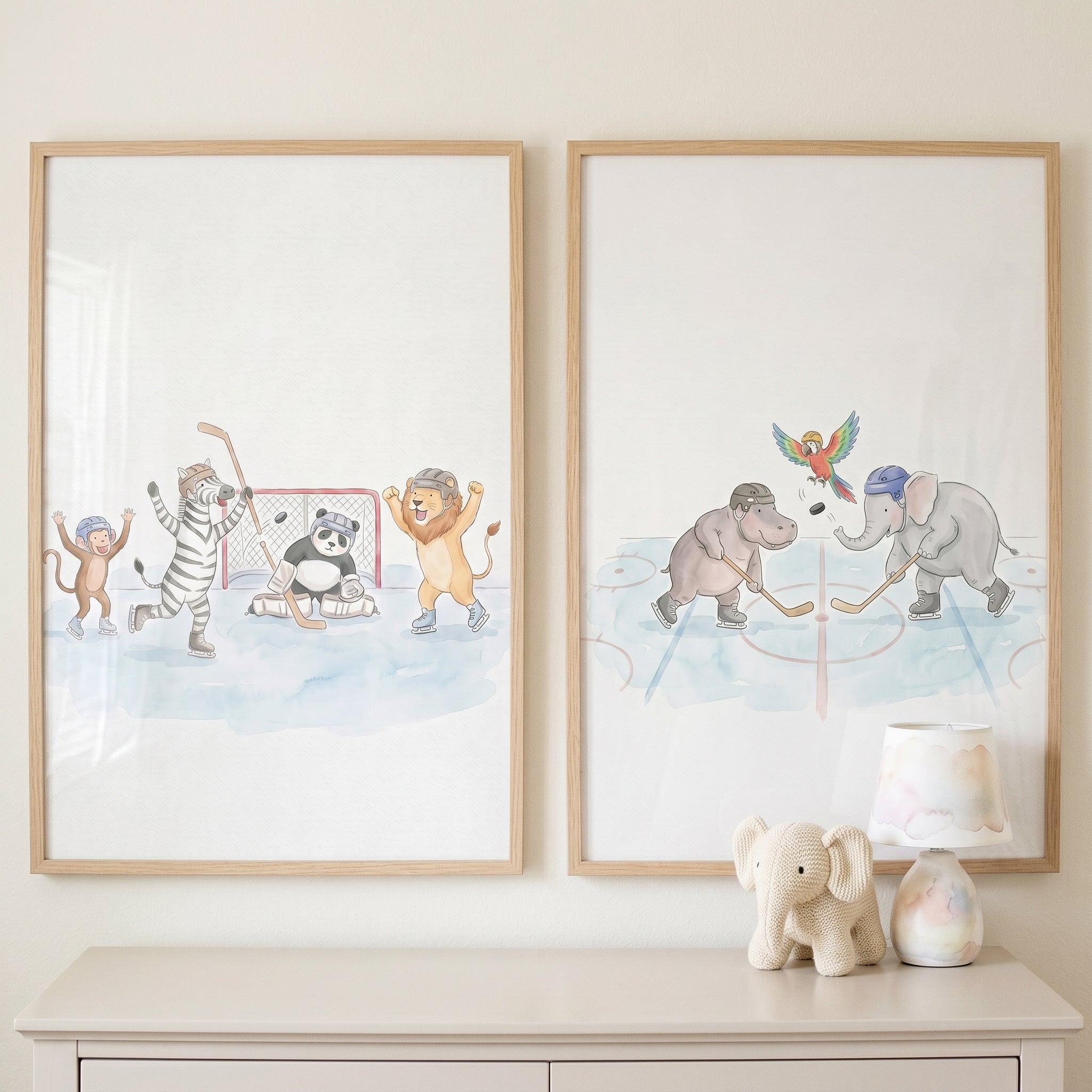 Watercolor Rink Hockey Animals Wall Art Set of 2 - Wild Ice Games