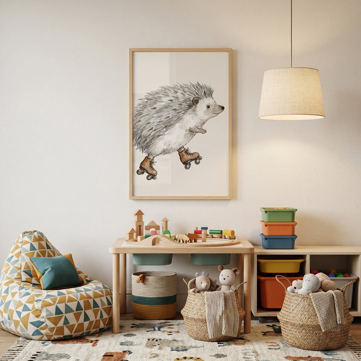 Playroom with watercolor roller skating hedgehog wall art, wooden toys, storage bins, and a patterned bean bag chair.