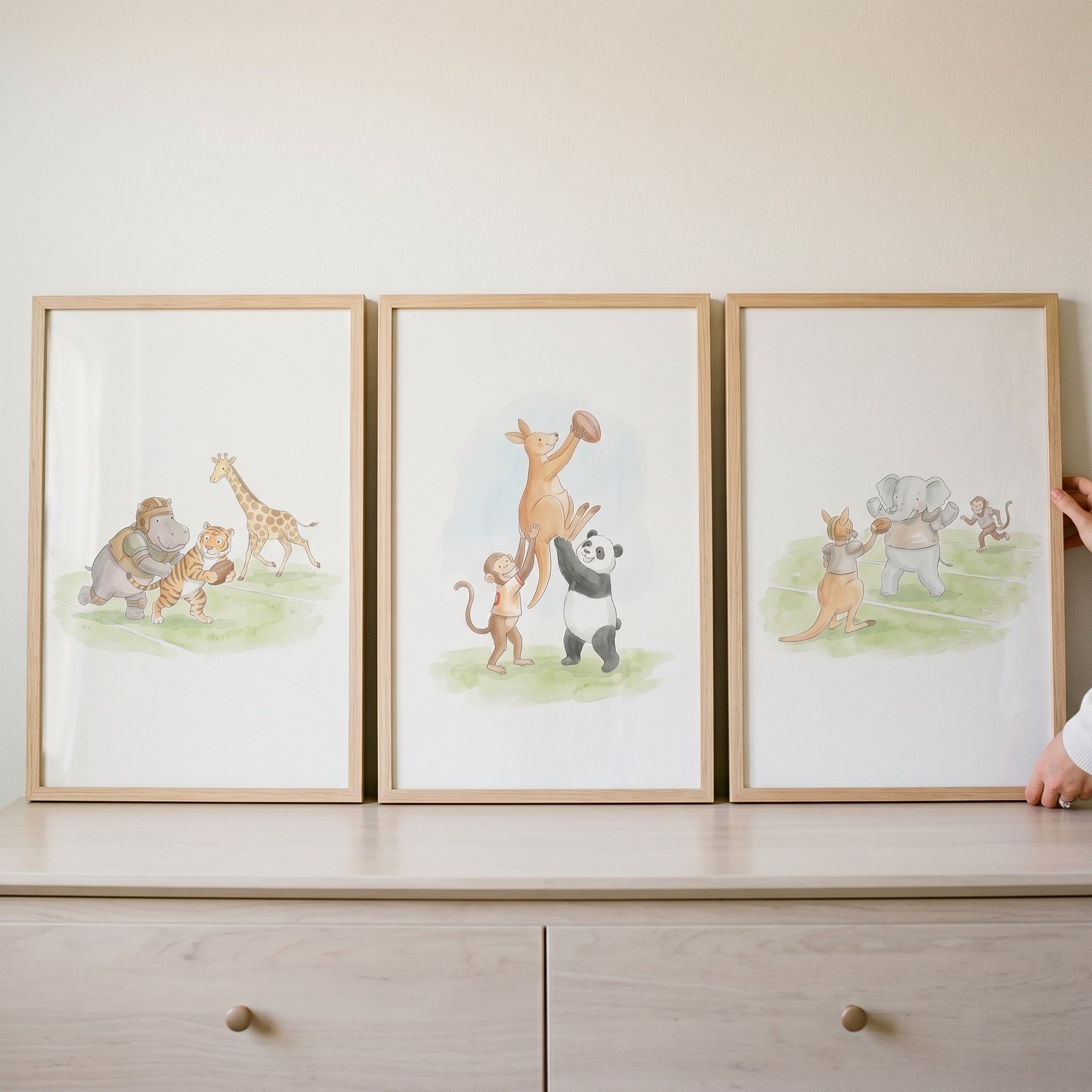Watercolor Rugby Safari Animals Wall Art Set of 3 - Cute Athletic Animals