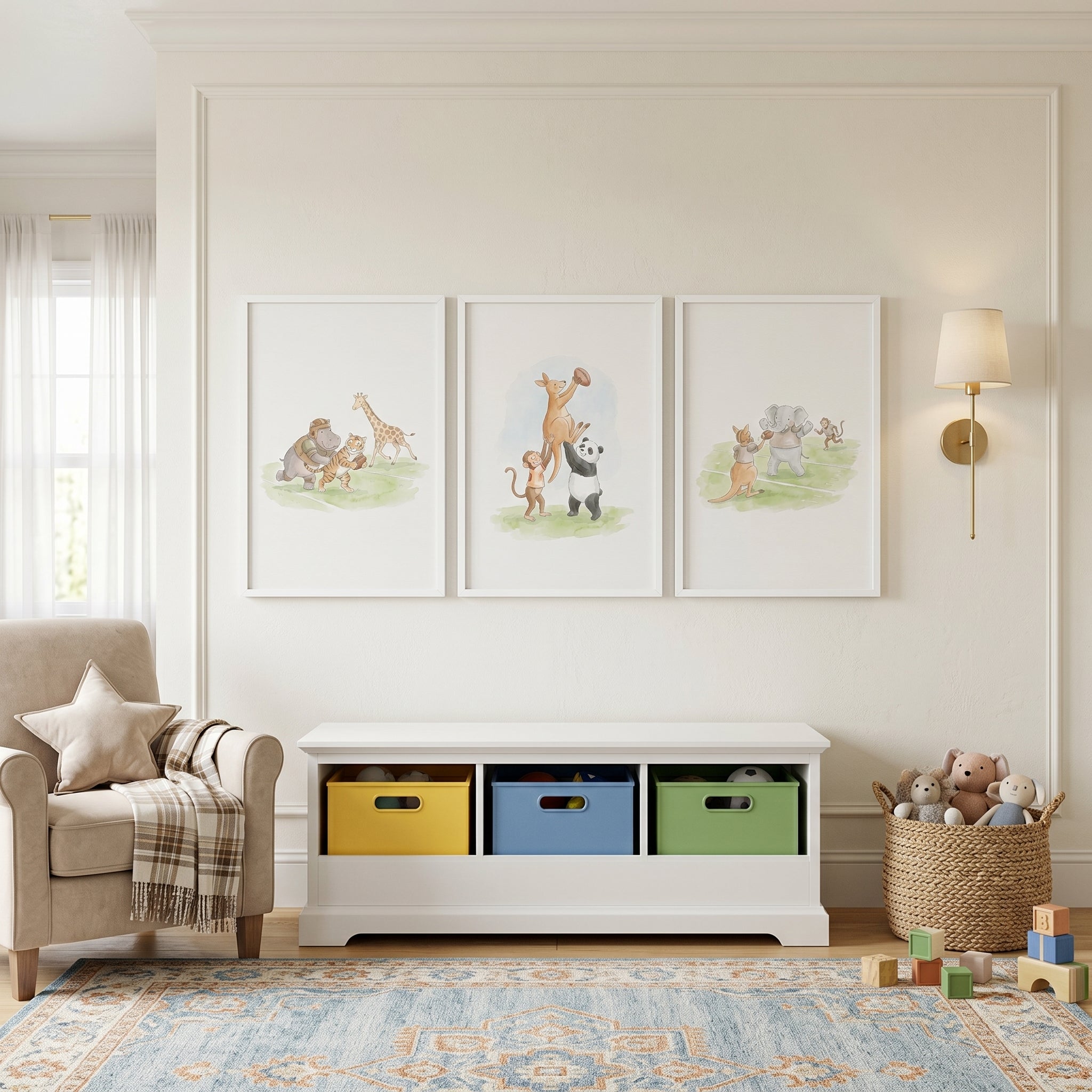 Watercolor Rugby Safari Animals Wall Art Set of 3 - Cute Athletic Animals