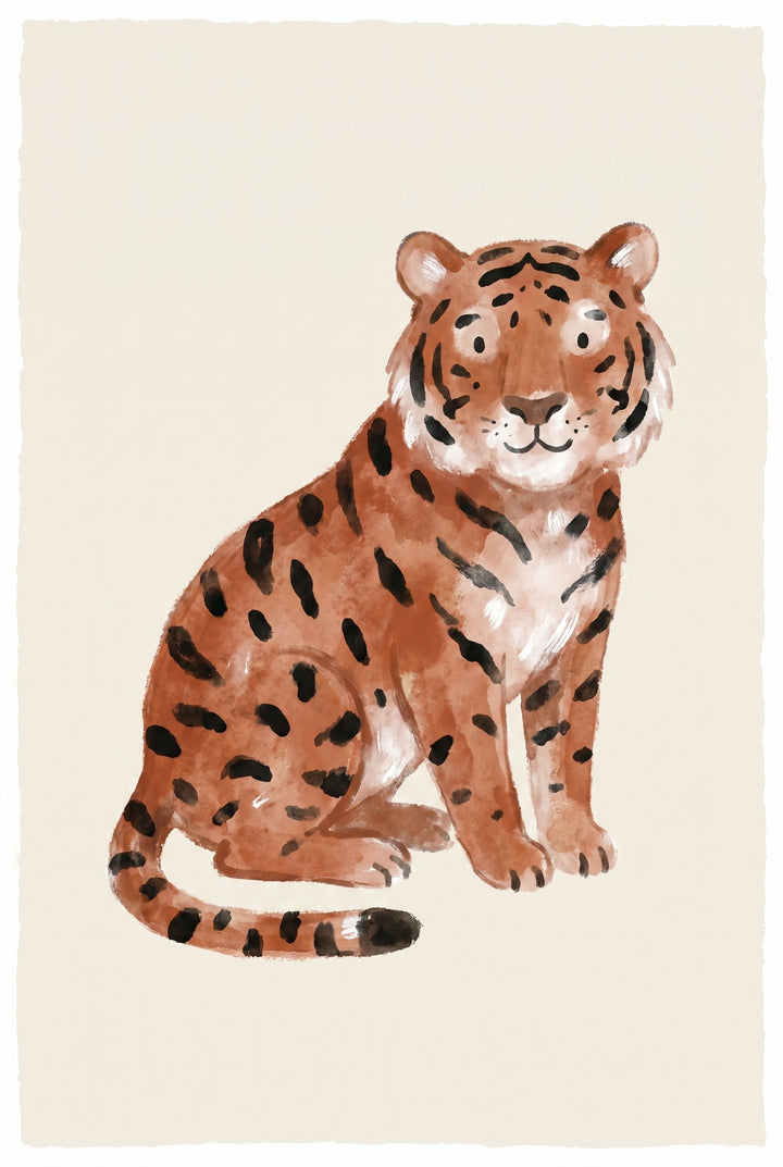 Watercolor rust spotted tiger wall art of a friendly sitting tiger with dark markings on an off-white background.