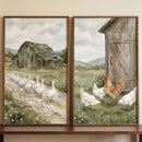 Geese walk toward a barn and chickens peck near a shed in this watercolor rustic farm animal wall art set of 2.