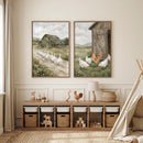 Watercolor rustic farm animal wall art set of 2 hangs in a nursery over a storage bench with baskets and wooden toys.