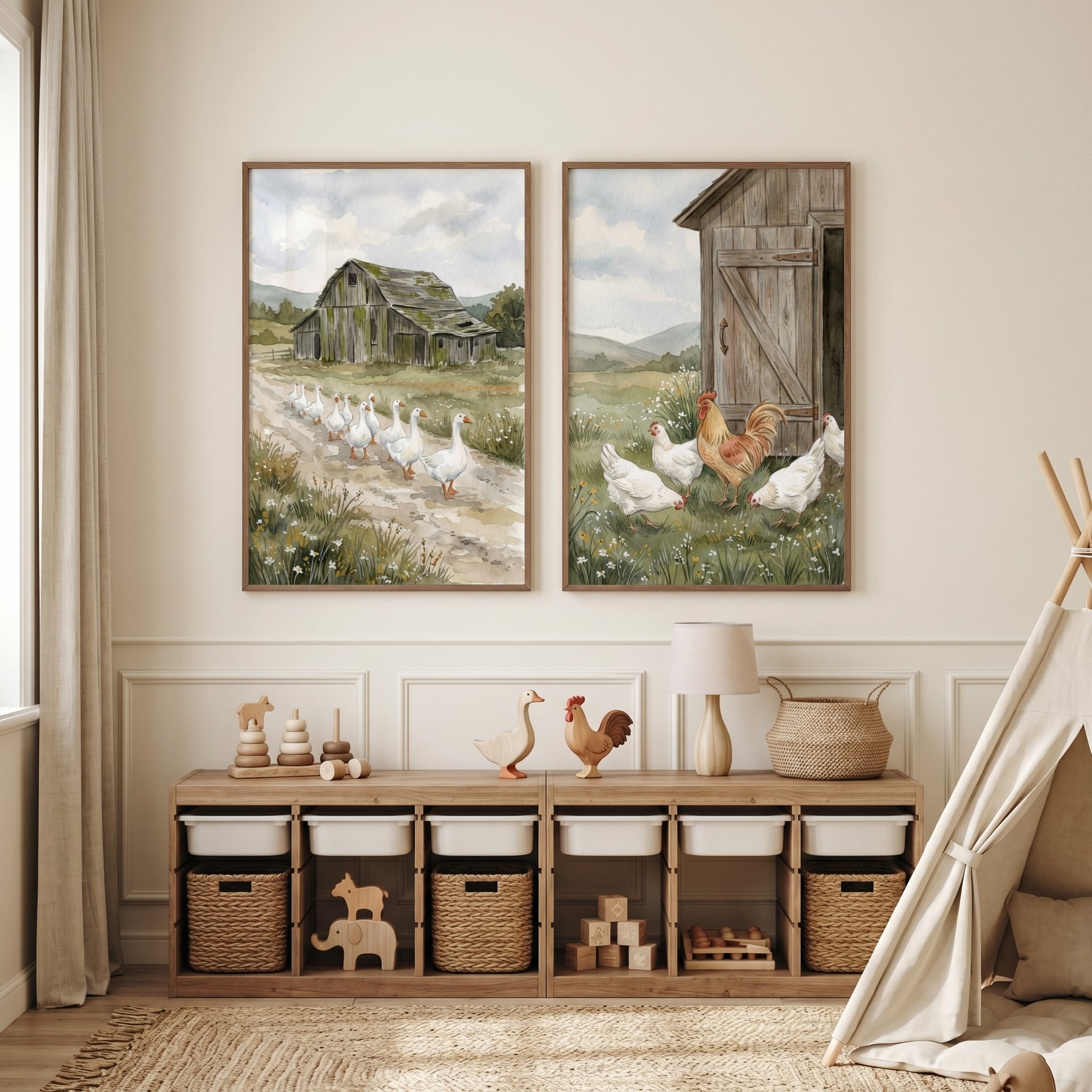 Watercolor rustic farm animal wall art set of 2 hangs in a nursery over a storage bench with baskets and wooden toys.