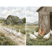 Watercolor rustic farm animal wall art set of 2 featuring geese walking to a barn and chickens by a wooden shed.