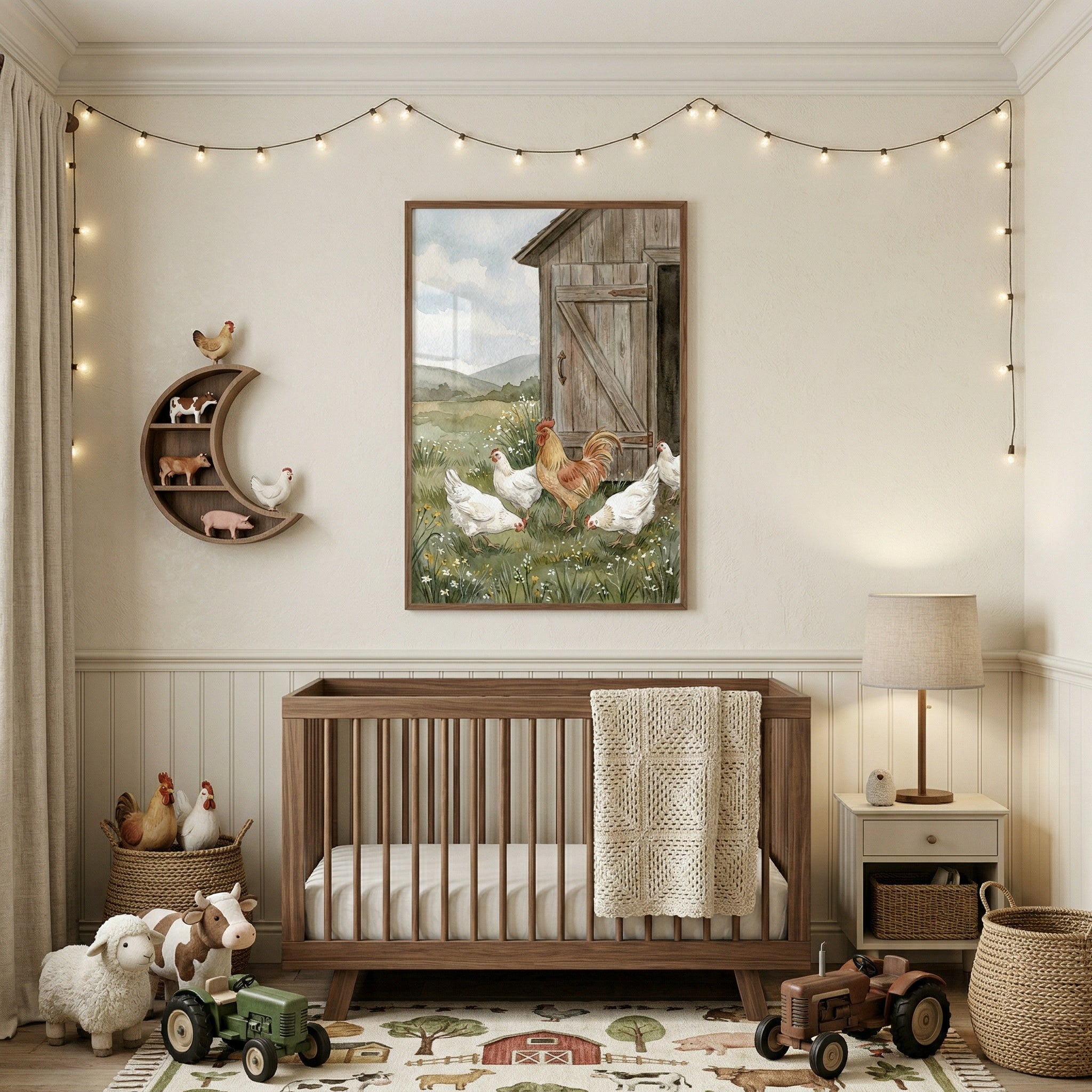 A cozy, farm-themed nursery is designed with a warm, neutral color palette. A string of glowing globe lights hangs in a gentle arc across the top of the wall. Centered below the lights is a large piece of wall art framed in dark wood, depicting a rustic barn and a group of chickens and a rooster in a grassy field. 