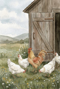 Rooster standing proudly among white hens outside a wooden coop in a grassy field with wildflowers and rolling hills in the background.

