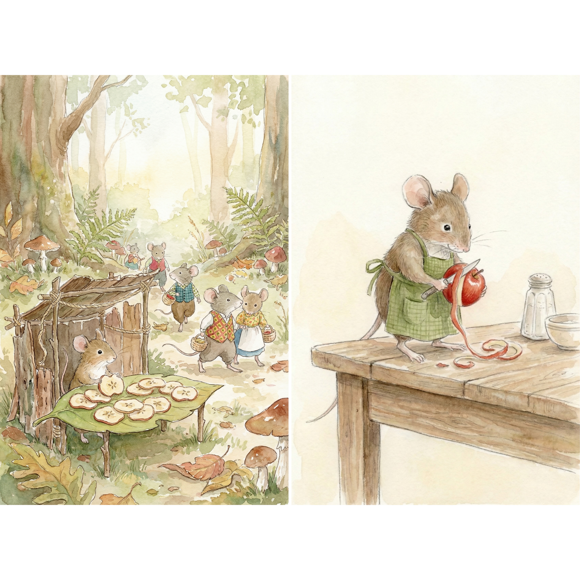 Watercolor Rustic Woodland Mouse Wall Art Set of 2 - Tiny Apple Harvest