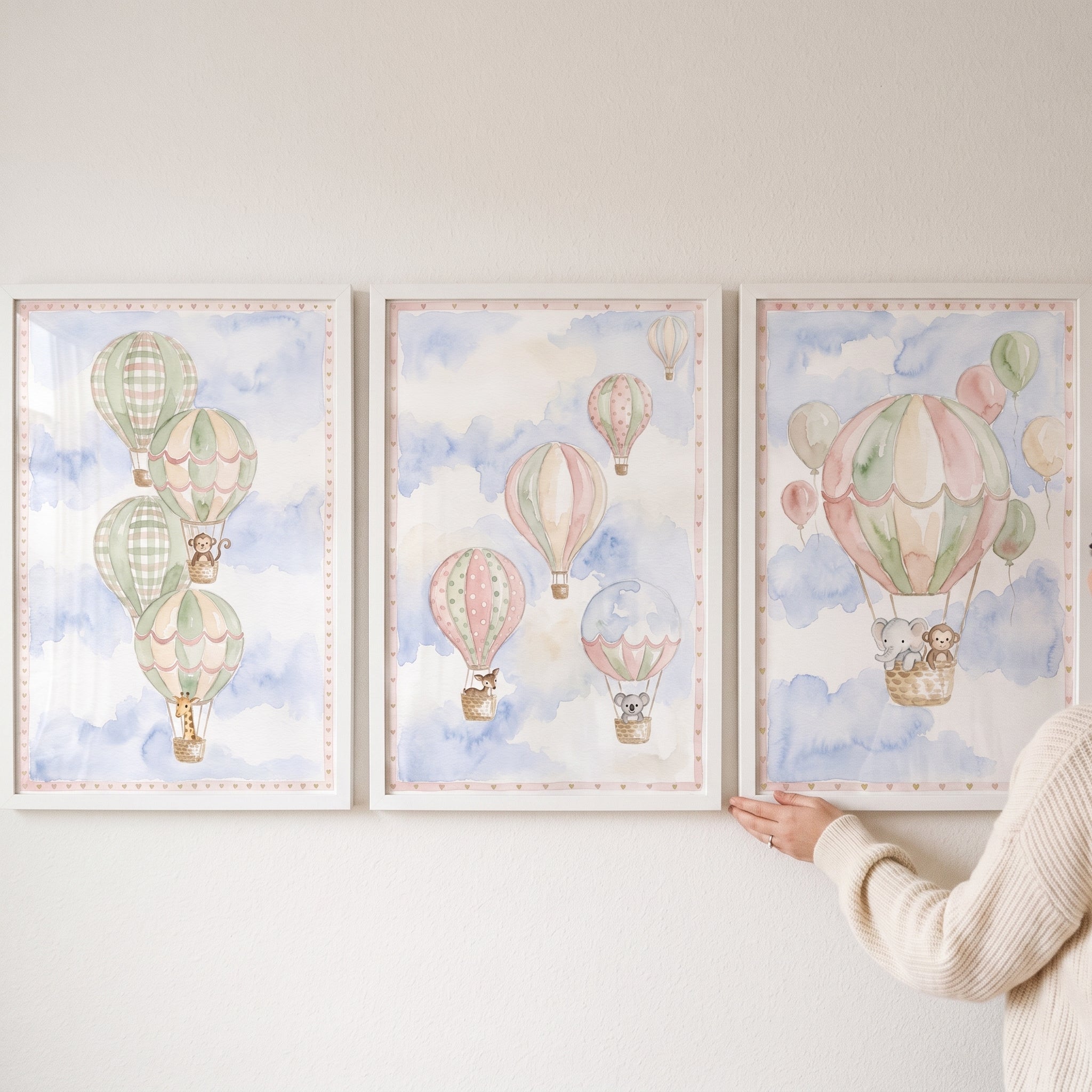 Watercolor Safari Animal Balloon Wall Art Set Of 3 - Floating Sky Friends