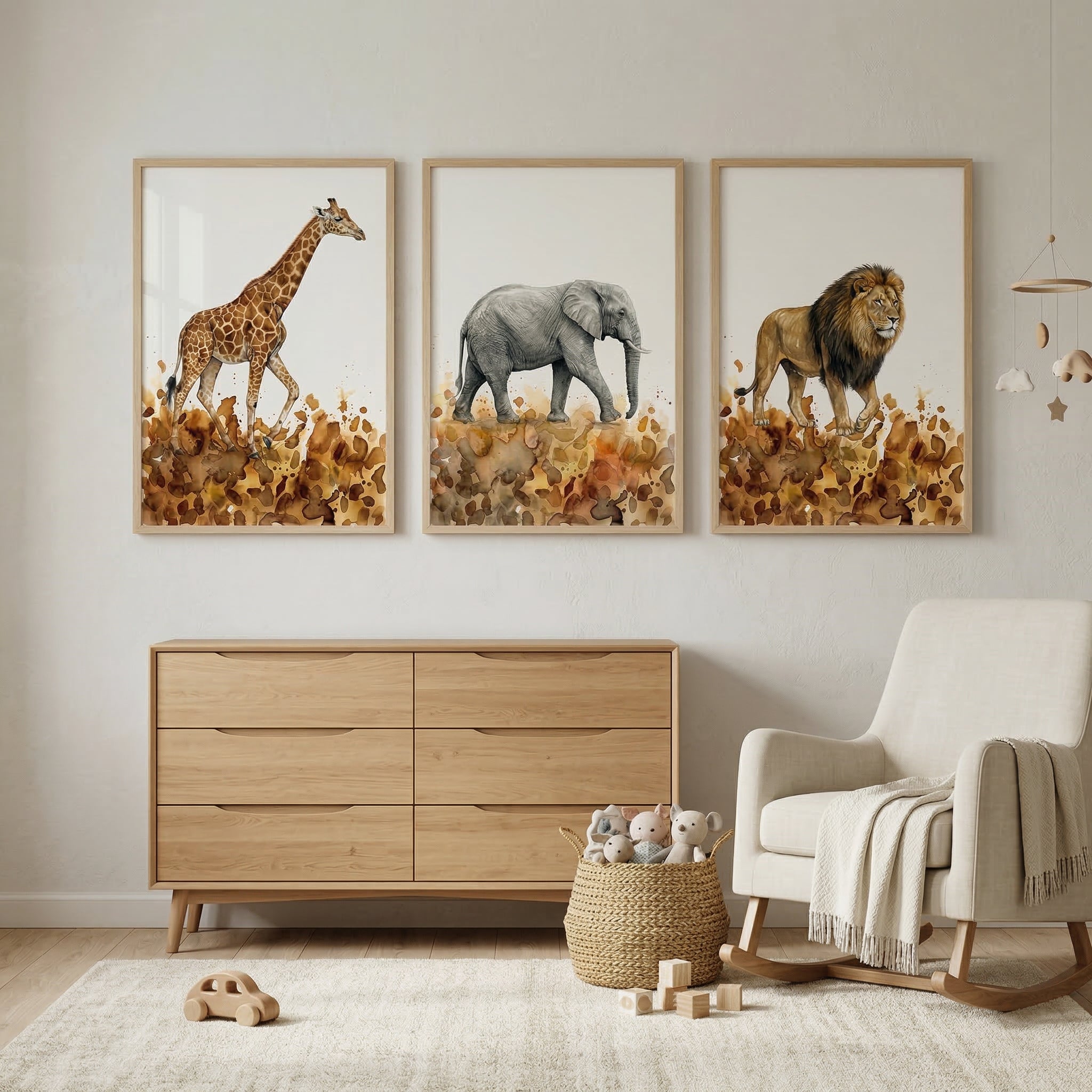 Watercolor Safari Trio Wall Art Set of 3 - Savanna Animal Trio