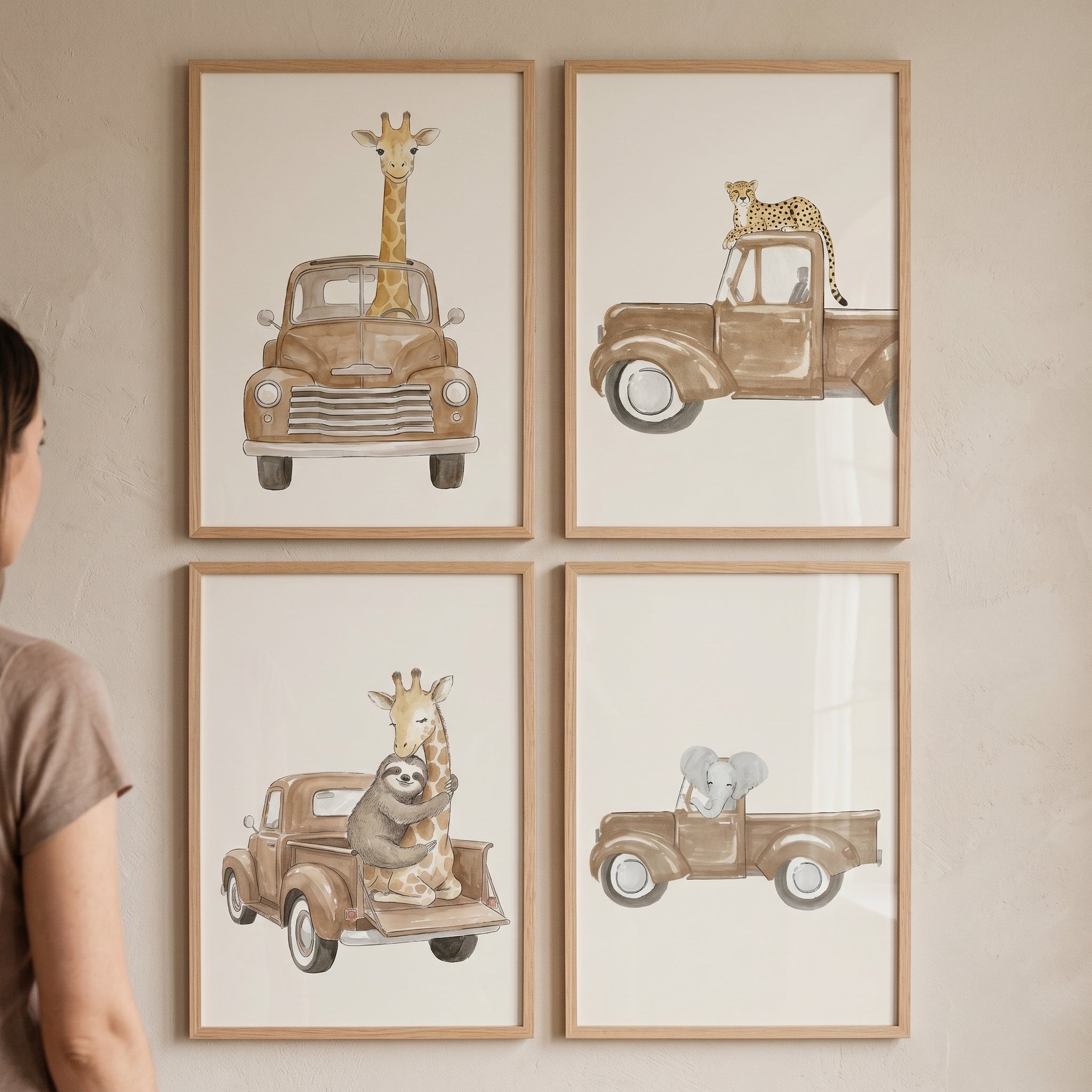 Watercolor Safari Truck Animal Wall Art Set of 4 - Wild Animal Journey
