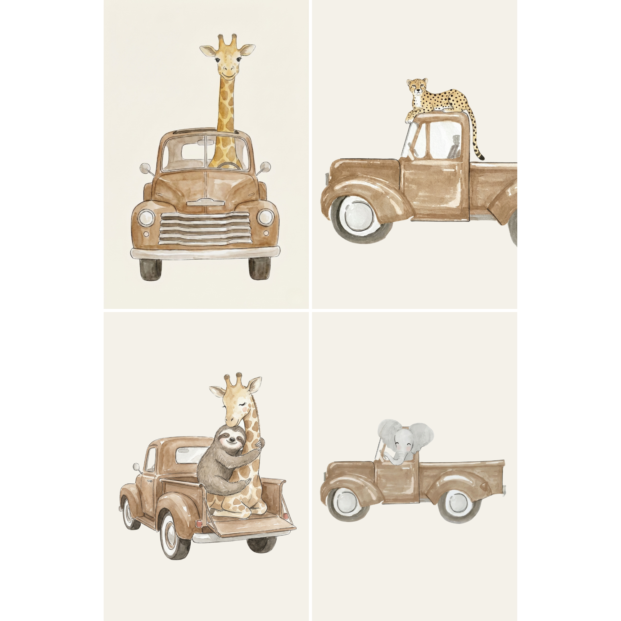 Watercolor Safari Truck Animal Wall Art Set of 4 - Wild Animal Journey