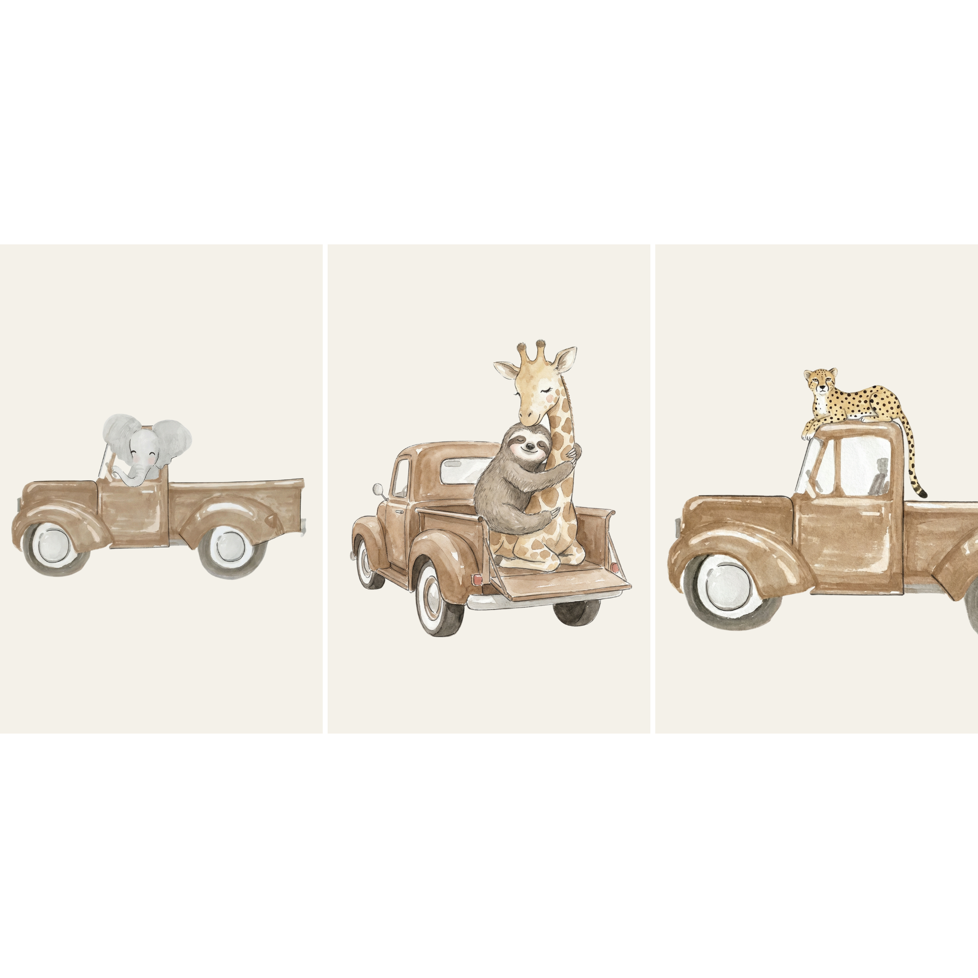 Watercolor Safari Truck Animals Wall Art Set of 3 - Safari Road Trip