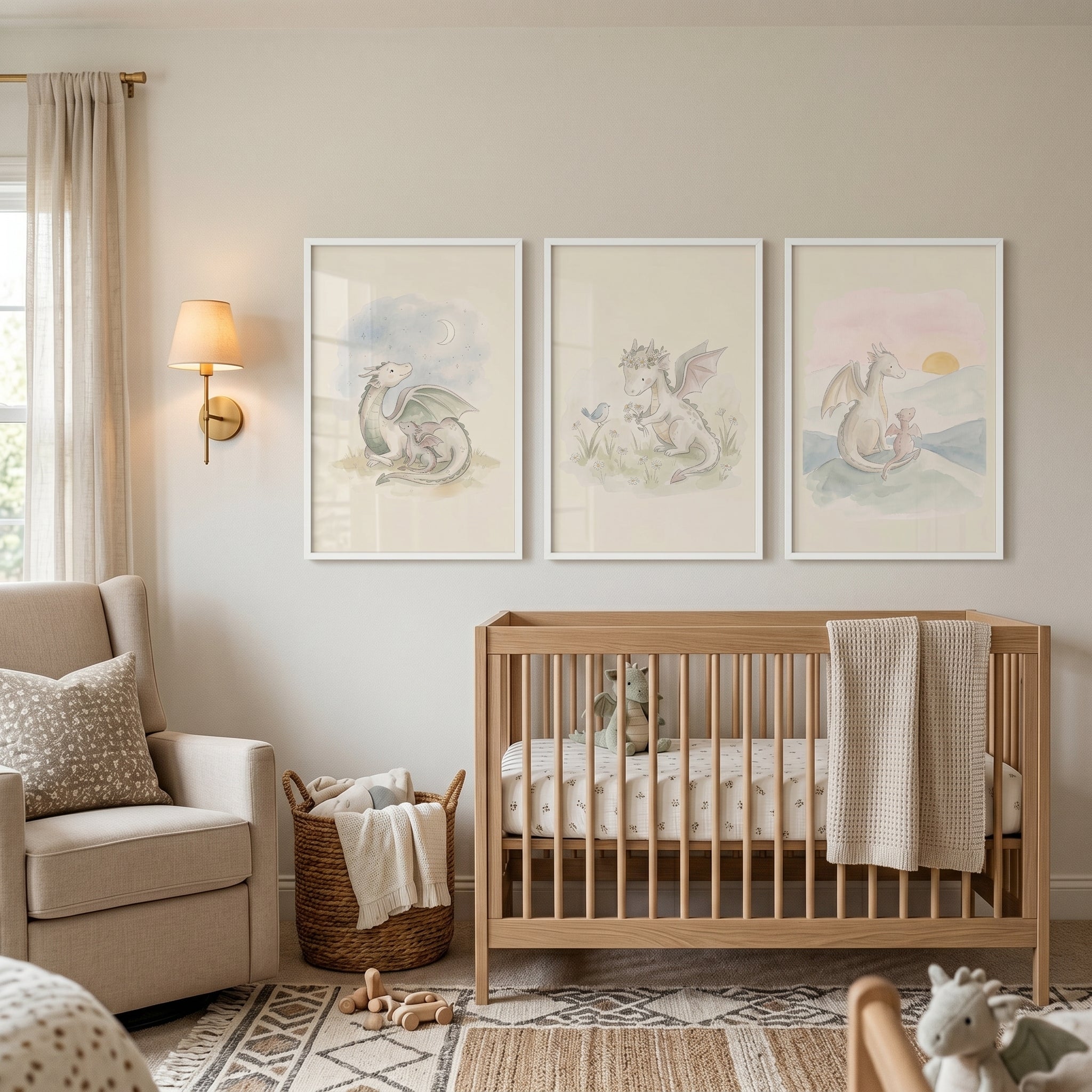 Watercolor Sage Baby Dragon Wall Art Set of 3 - Gentle Dragon Tales