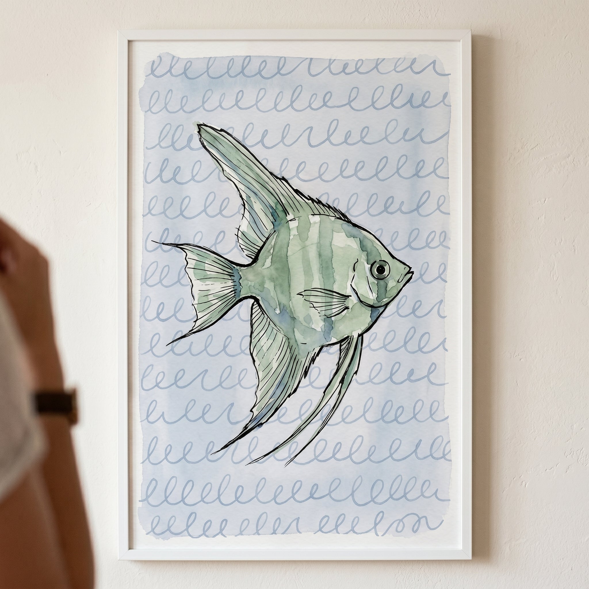 Watercolor Sage Green Angelfish Wall Art - Azure Angelfish Art