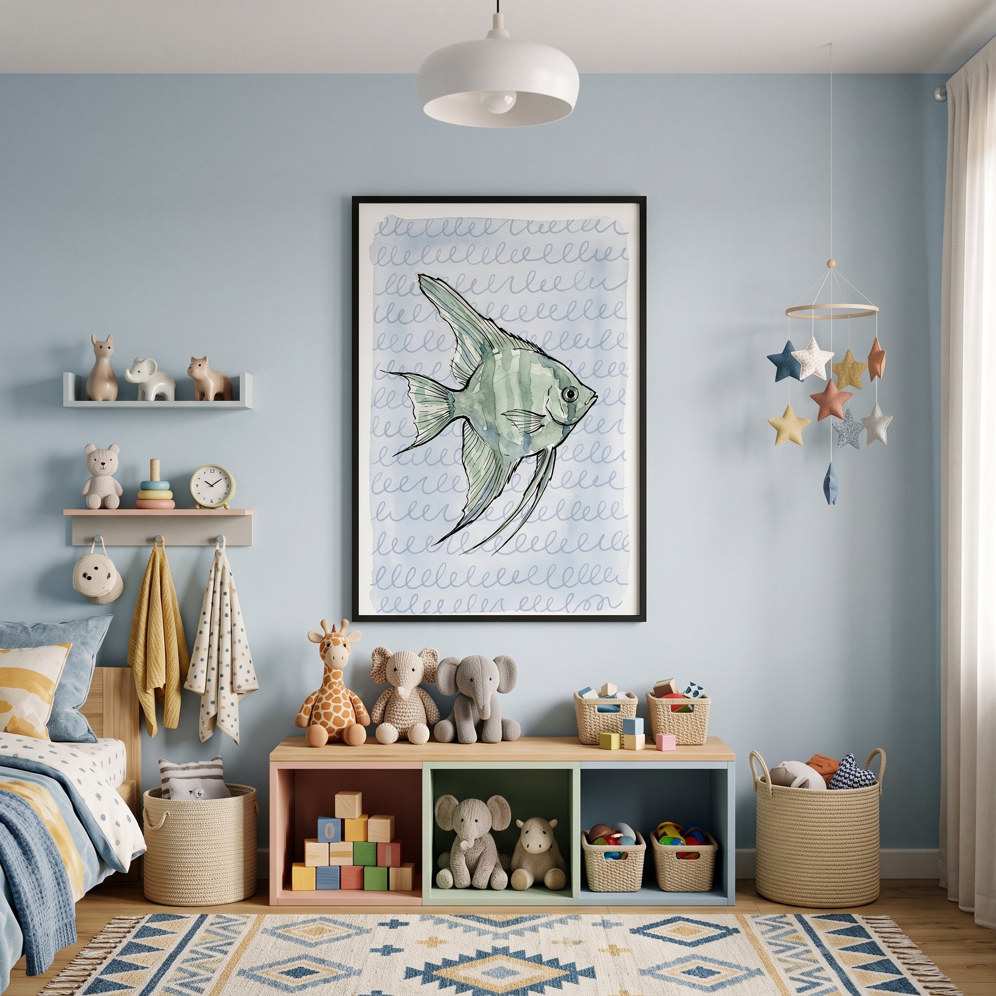 Watercolor Sage Green Angelfish Wall Art - Azure Angelfish Art