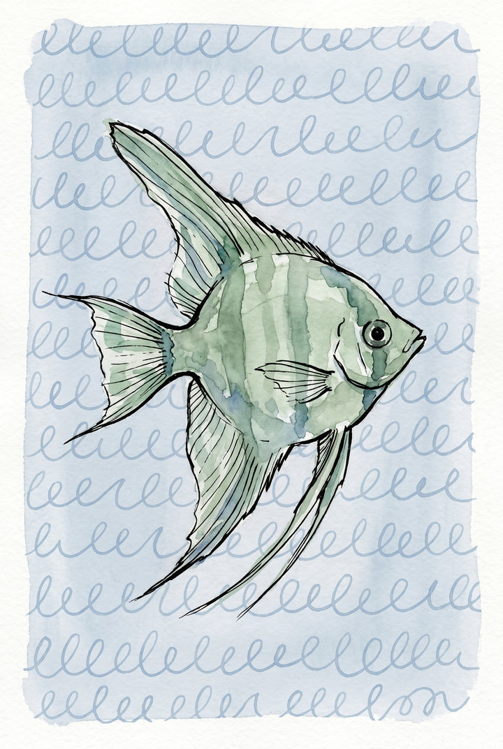 Watercolor sage green angelfish wall art with black stripes and fins over a blue background of looped line patterns.