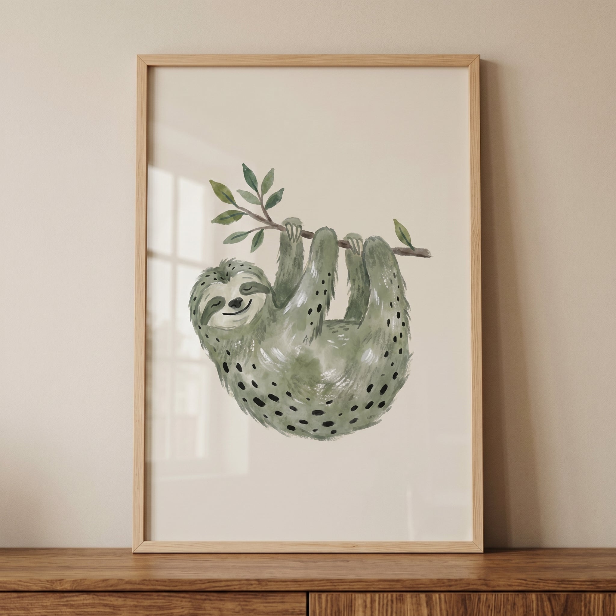 Watercolor Sage Green Sloth Wall Art - Smiling Tree Sloth