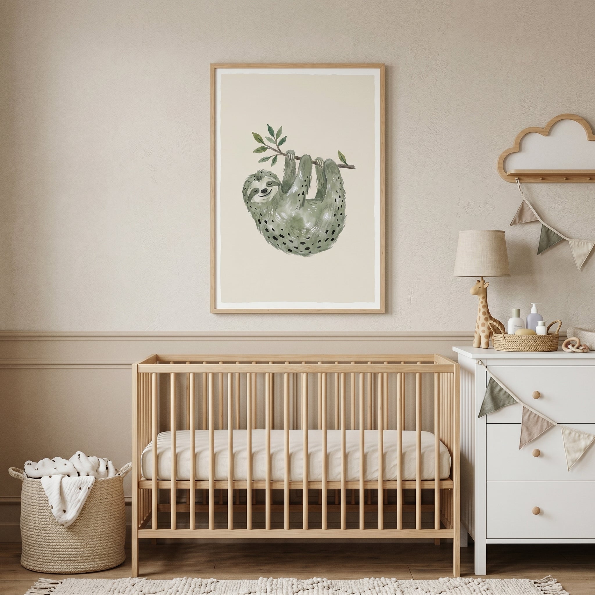 Watercolor Sage Green Sloth Wall Art - Smiling Tree Sloth