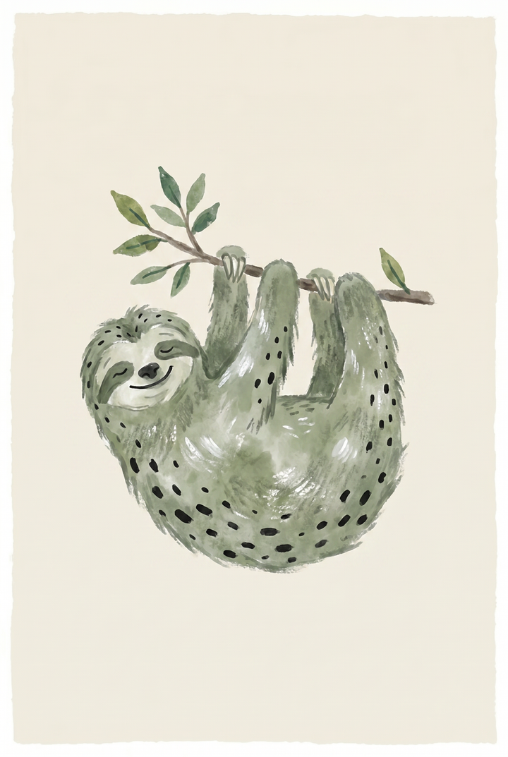 Watercolor sage green sloth wall art depicts a smiling spotted sloth hanging from a leafy tree branch.