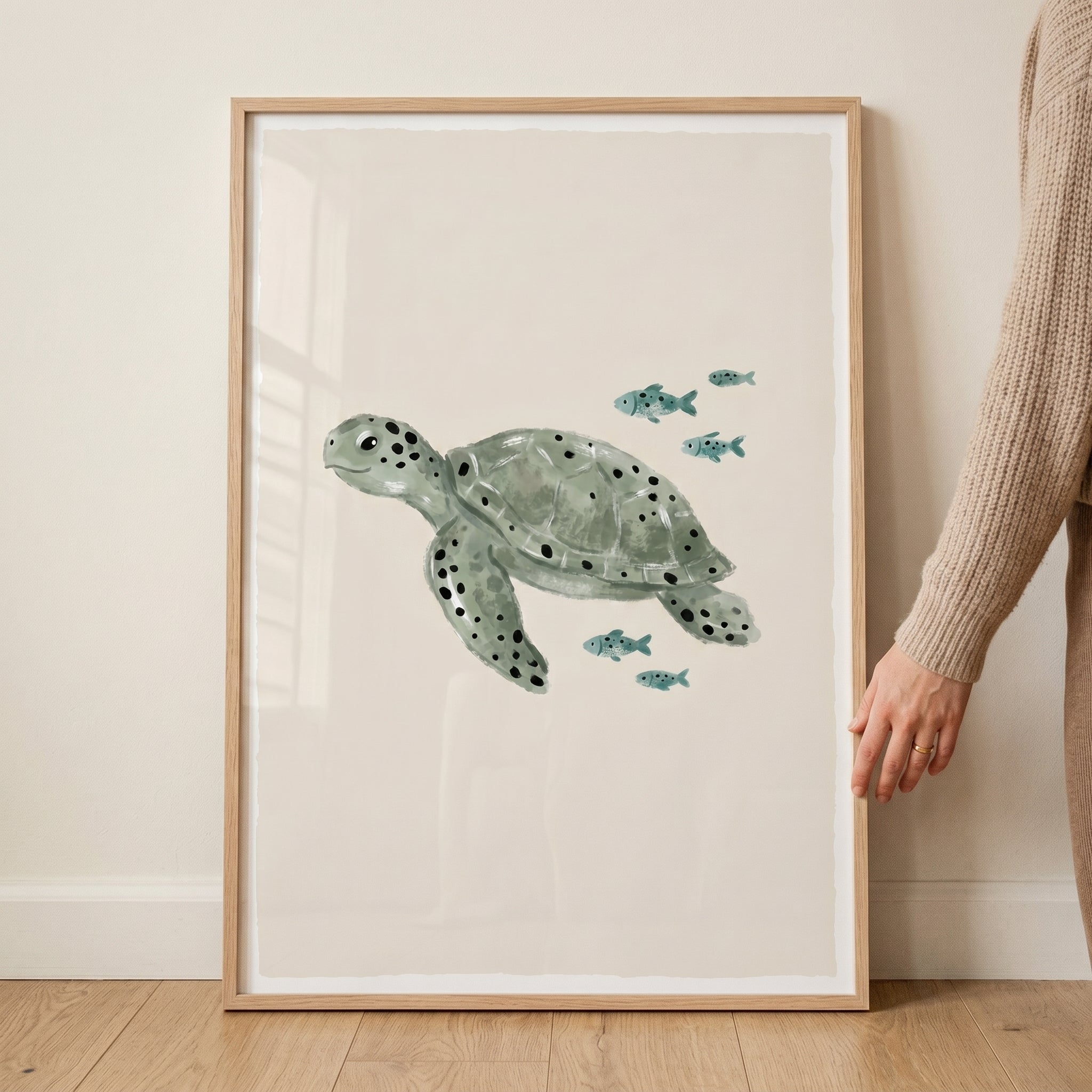 Watercolor Sage Green Turtle Wall Art - Serene Sea Turtle