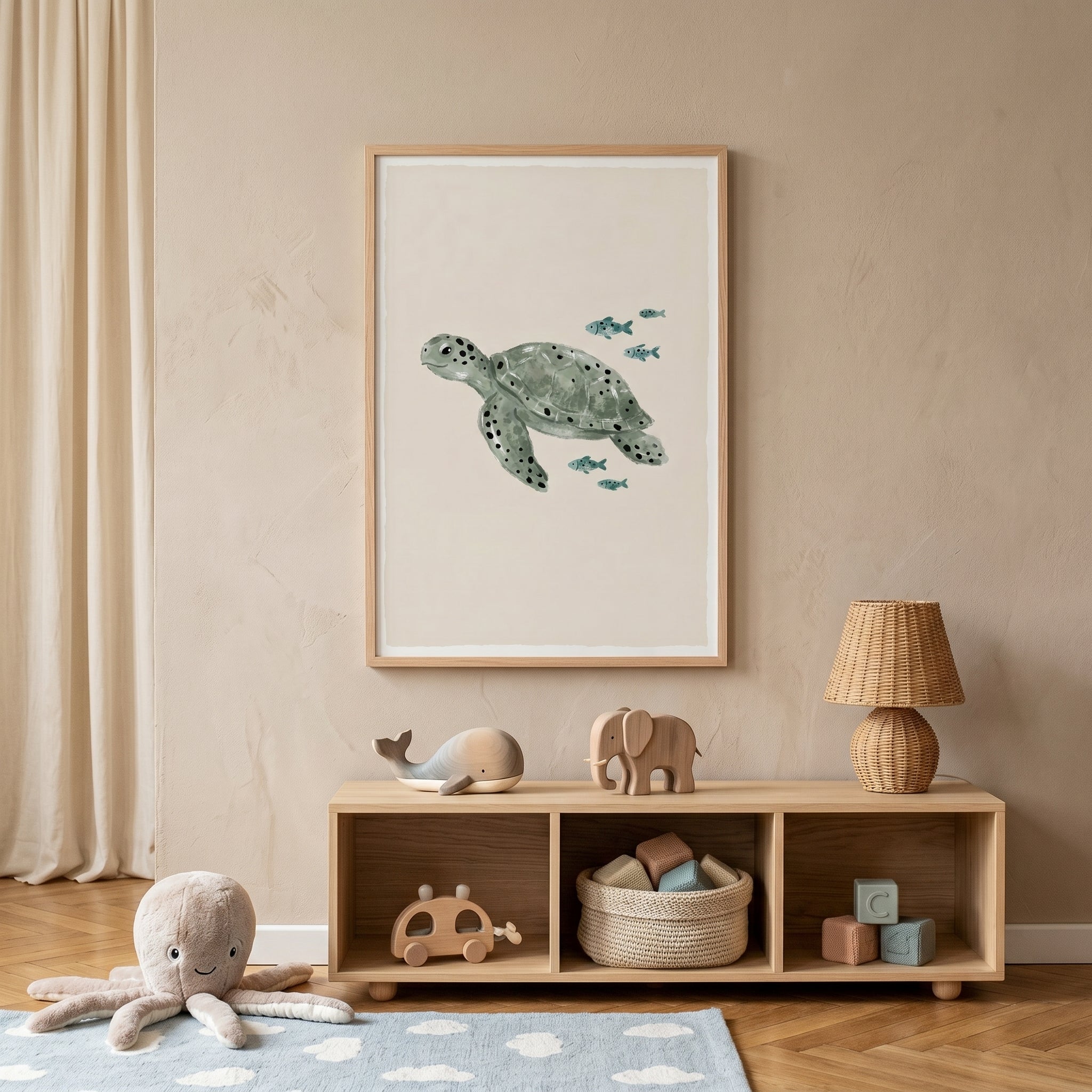 Watercolor Sage Green Turtle Wall Art - Serene Sea Turtle