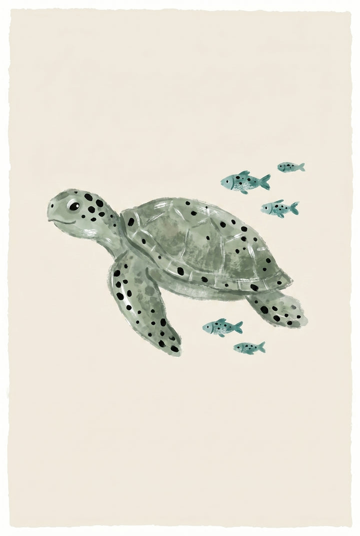Watercolor sage green turtle wall art with a spotted sea turtle and small fish swimming on a cream background.