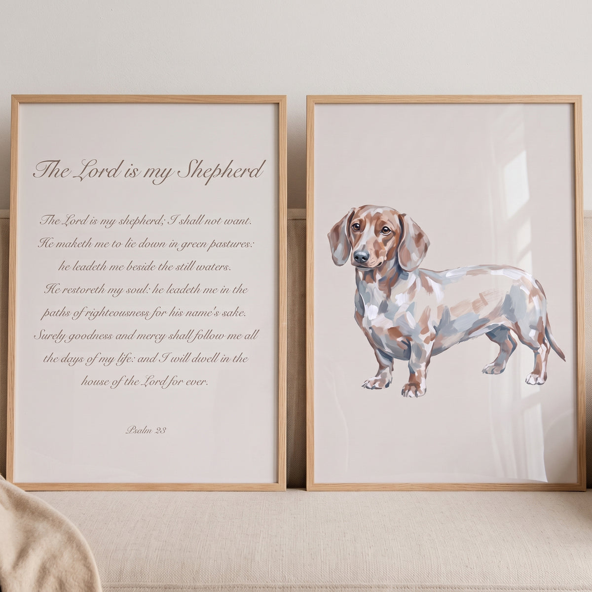 Watercolor scripture dapple dachshund wall art set of 2 features Psalm 23 and an illustrated dog in wooden frames.