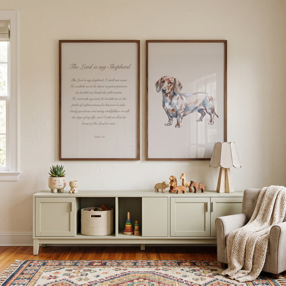Watercolor Scripture Dapple Dachshund Wall Art Set of 2 - Faithful Shepherd Hound