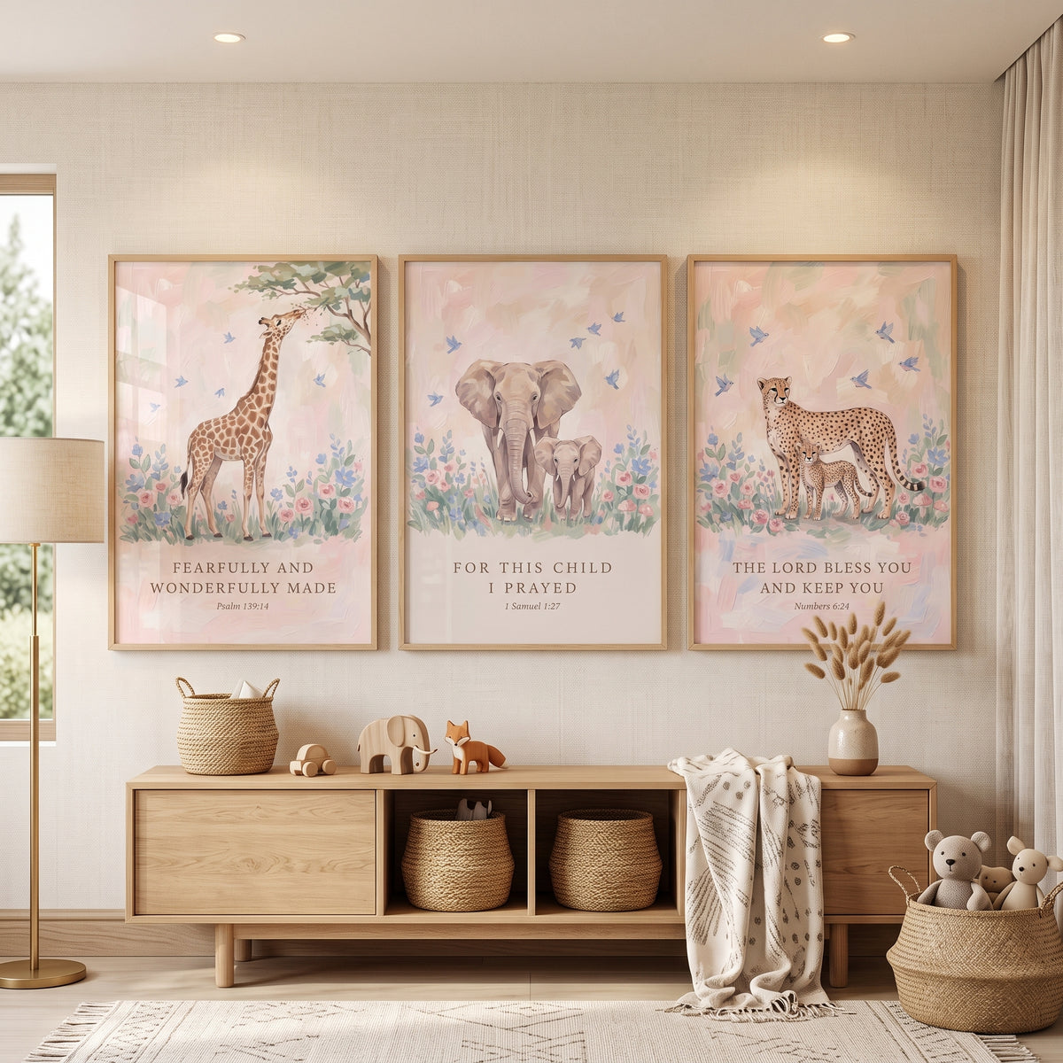 Watercolor Scripture Safari Animals Wall Art Set of 3 - Graceful Safari Blessings