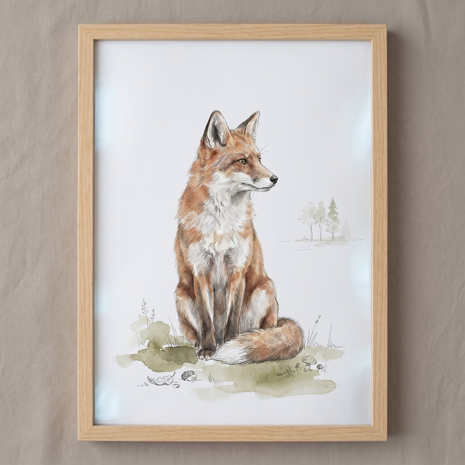 Watercolor seated red fox wall art in a light wood frame depicts a fox sitting on grass with acorns and mushrooms.