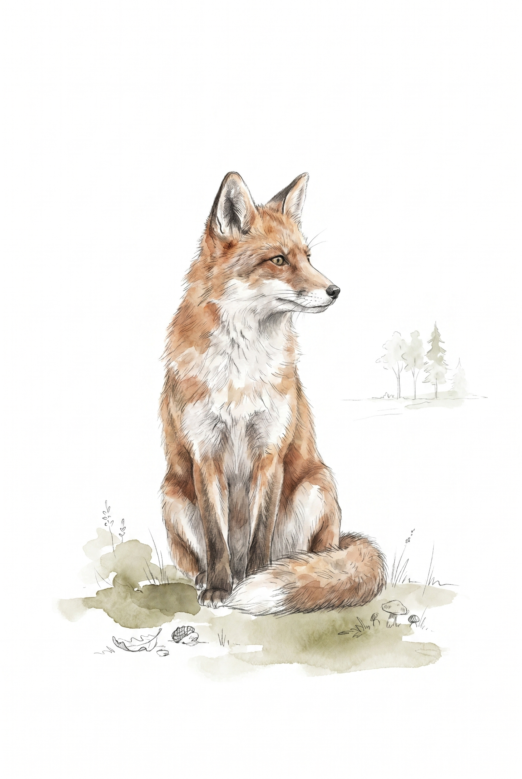 Watercolor Seated Red Fox Wall Art - Woodland Red Fox