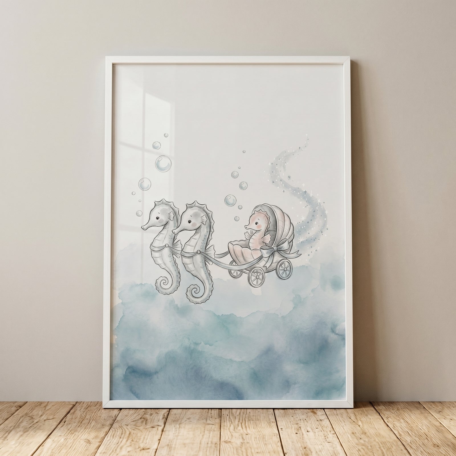 Watercolor shell carriage seahorse wall art with two seahorses pulling a baby in a shell carriage through blue bubbles.