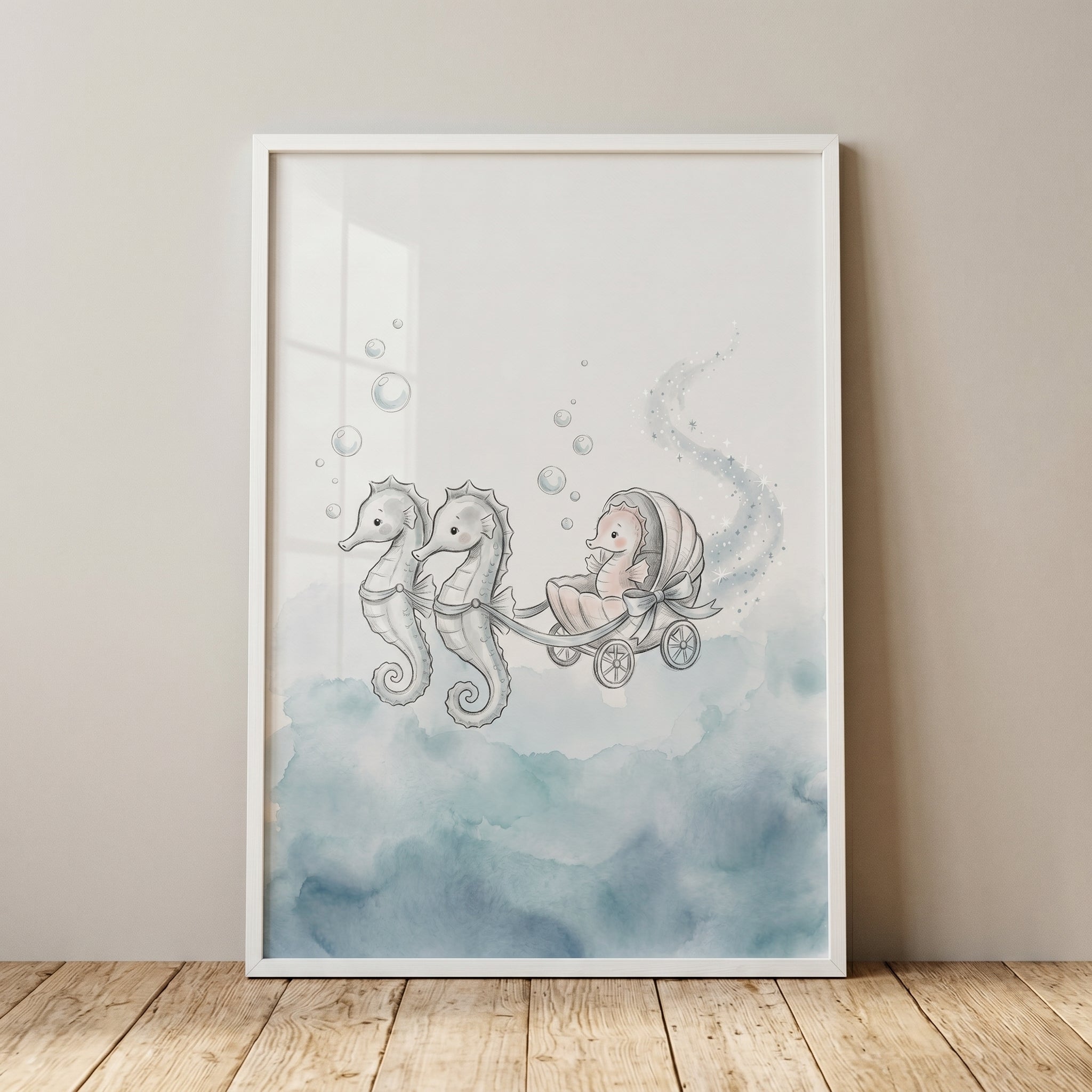Watercolor Shell Carriage Seahorse Wall Art - Seahorse Shell Carriage