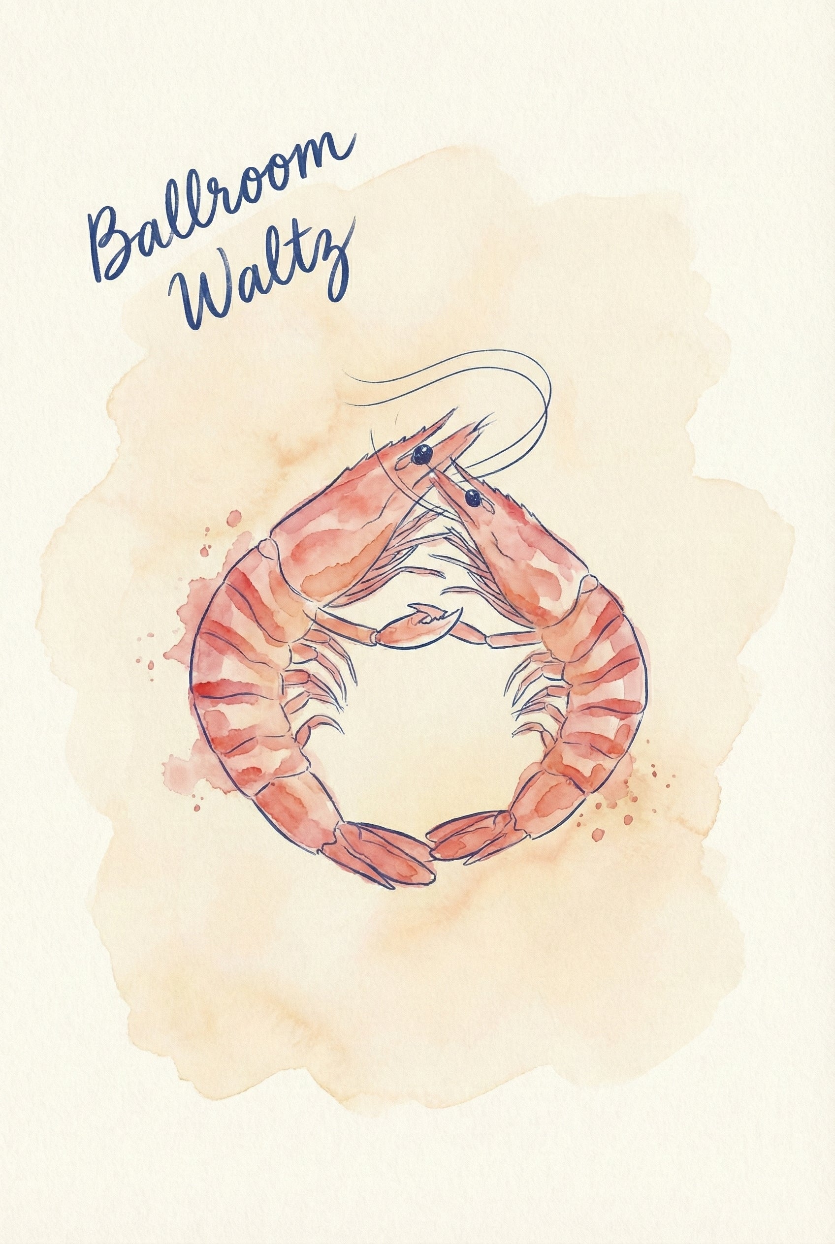 Two shrimp lock claws and form a circular pose mid-dance under the elegant title “Ballroom Waltz,” painted in shades of pink and orange.


