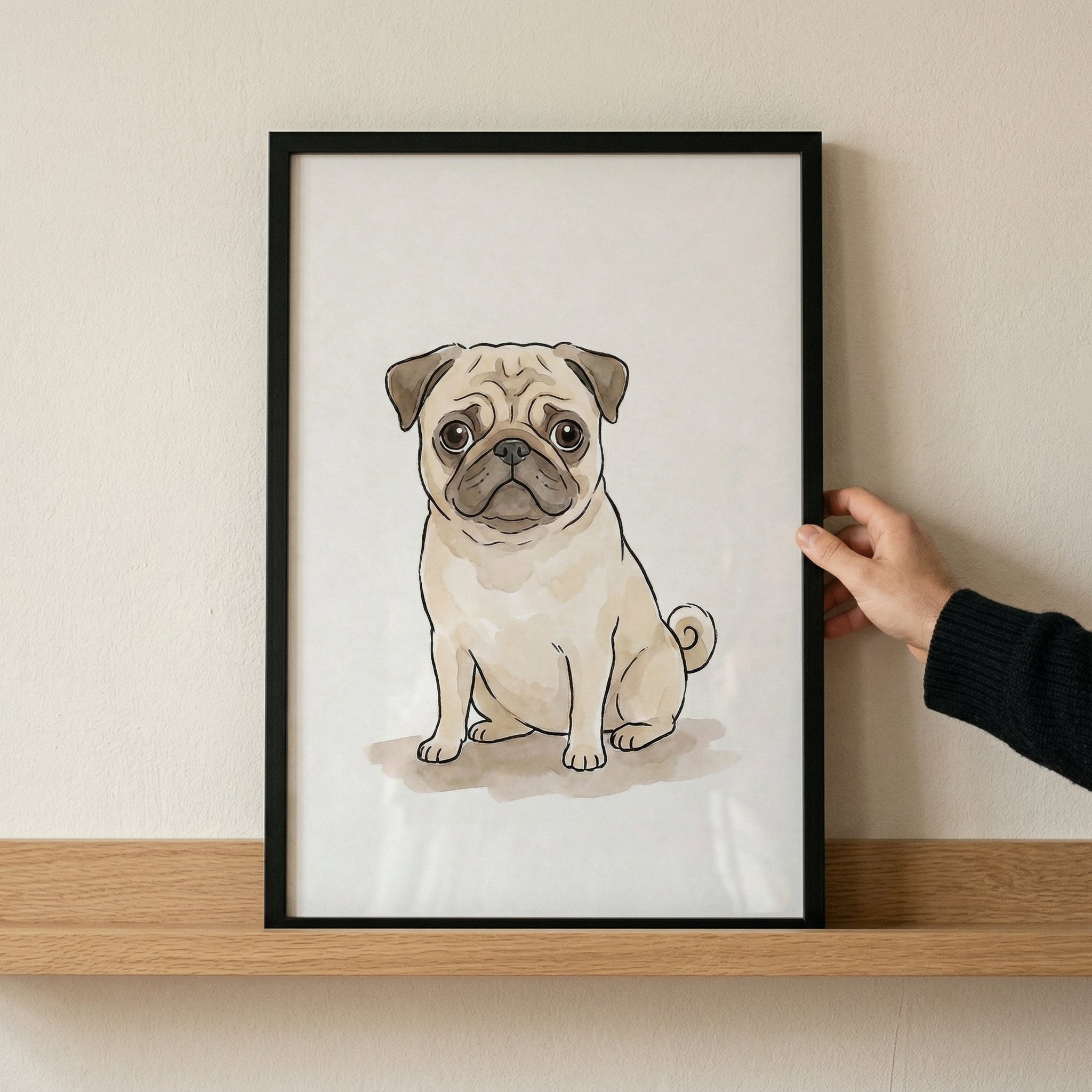 Watercolor Sitting Tan Pug Wall Art - Cute Pug Portrait