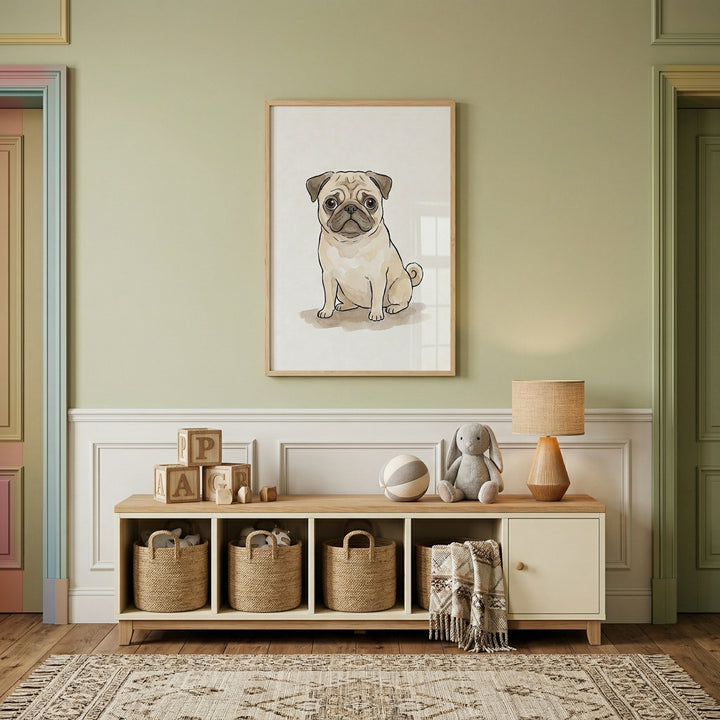 A framed minimalist illustration of a tan pug puppy hangs on a soft green wall above a light wood storage unit. The storage unit, set against white paneled wainscoting, holds wooden alphabet blocks, a striped ball, a grey stuffed bunny toy, and a lamp with a natural, textured shade. 