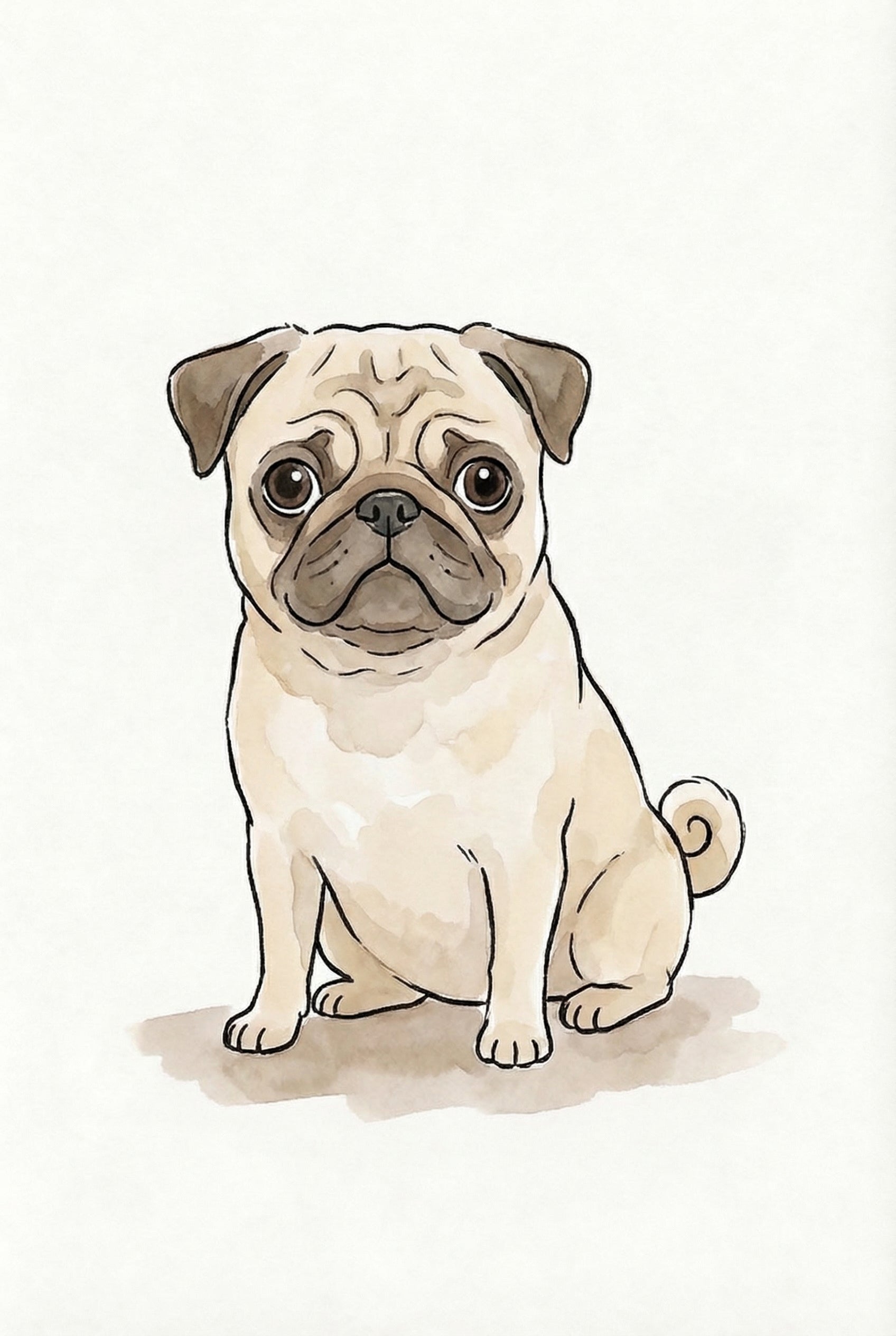 Watercolor Sitting Tan Pug Wall Art - Cute Pug Portrait