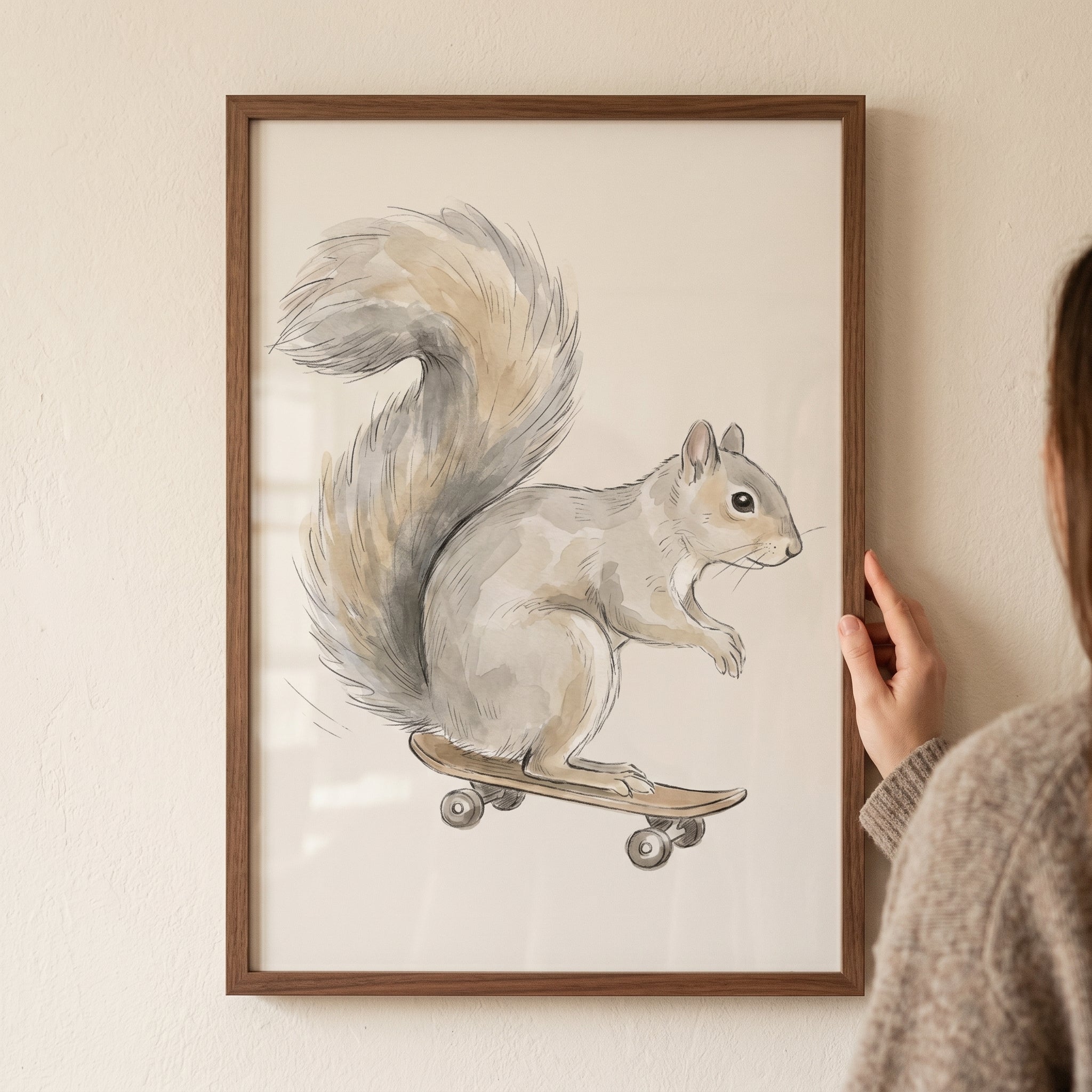 Watercolor Skateboard Squirrel Wall Art - Whimsical Skater Squirrel
