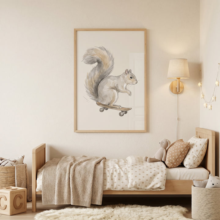 Watercolor skateboard squirrel wall art hangs over a wooden bed in a cozy, neutral-toned child's bedroom.