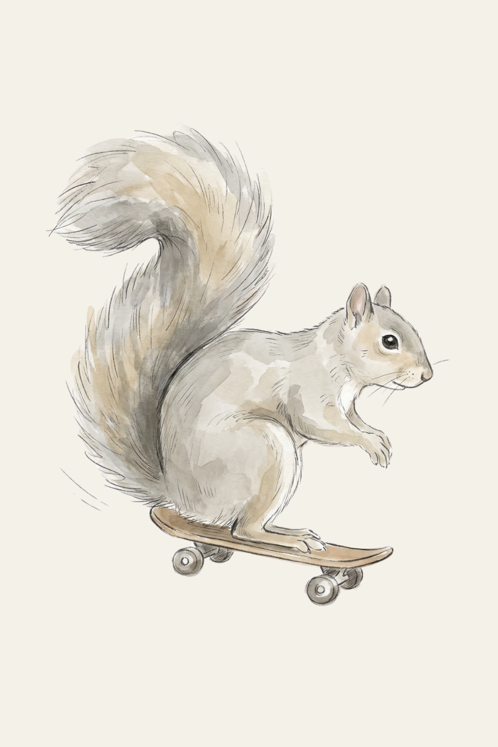 Watercolor Skateboard Squirrel Wall Art - Whimsical Skater Squirrel