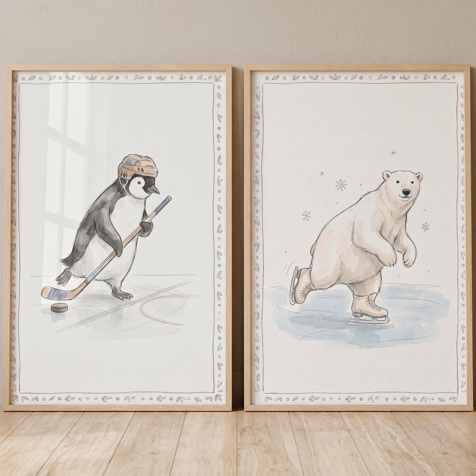 Watercolor skating winter animals wall art set of 2 featuring a penguin playing hockey and a skating polar bear.