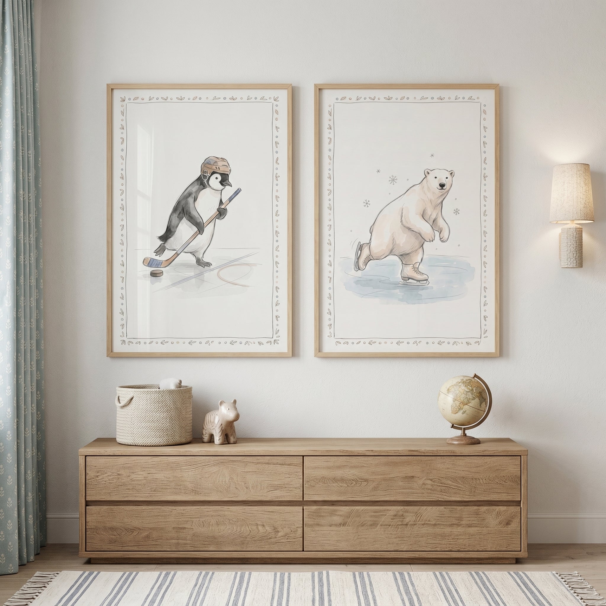Watercolor Skating Winter Animals Wall Art Set of 2 - Arctic Sport Friends